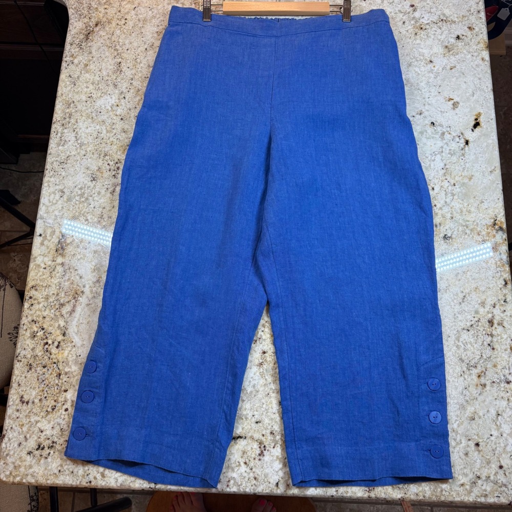 Chico's Linen Crop Pants Womens US 20 Blue Wide Leg Pull On Button Hem Plus - Picture 2 of 16